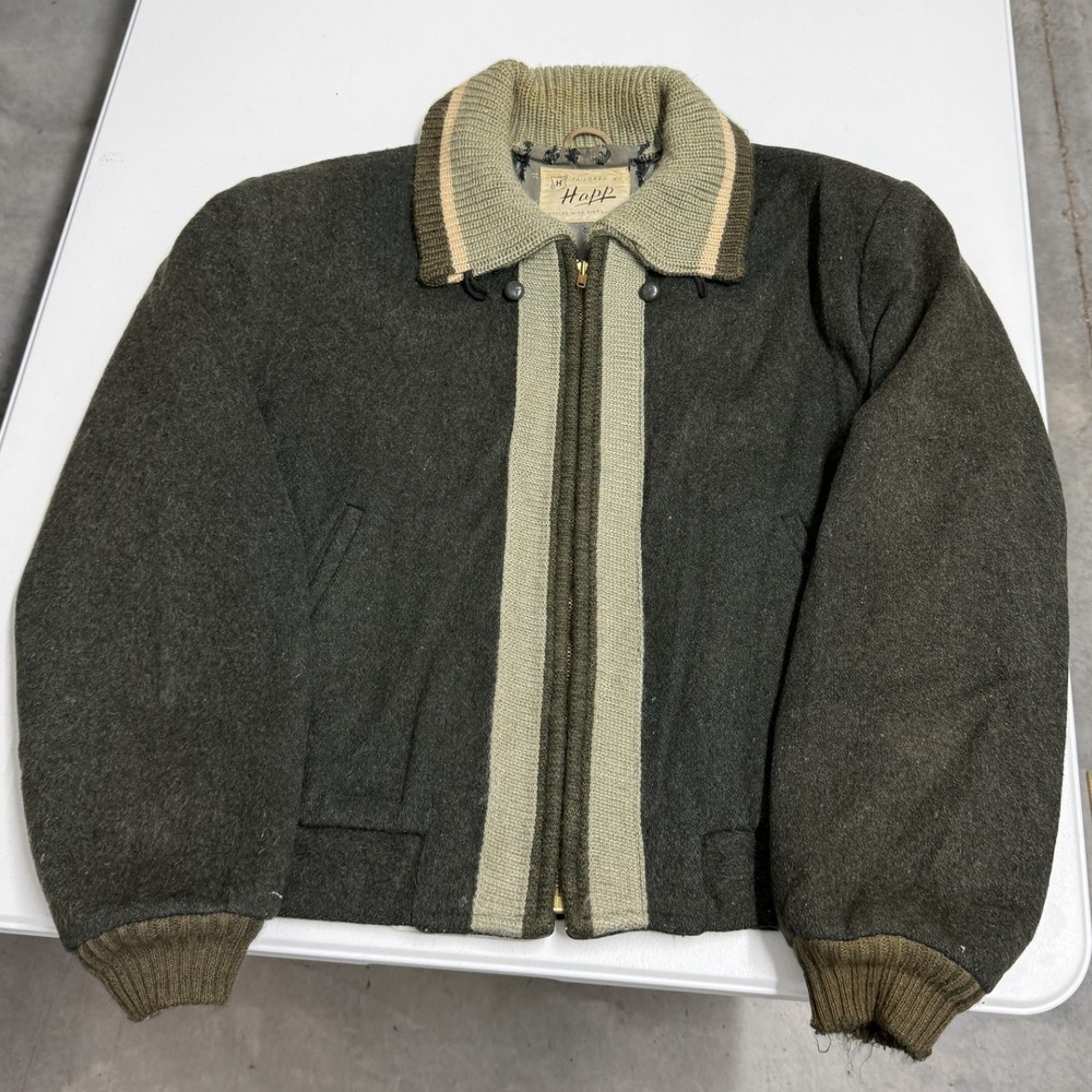 Happ Wool Bomber Jacket Mens XL Green Fair Vintage 70s talon Zip Knit Trim